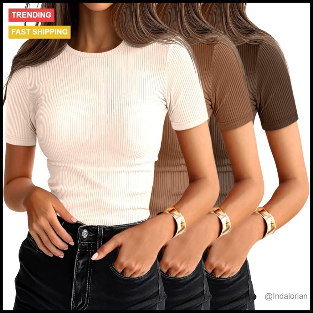 Ribbed Cotton Tees 3 Pack Fitted Crewneck Basic Tops Casual Summer Trendy